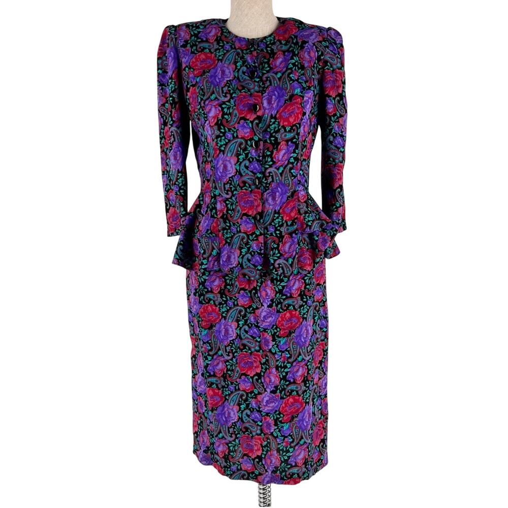 80s Paisley Floral Peplum Skirt Set Bold Jewel Tone 1980s Vintage